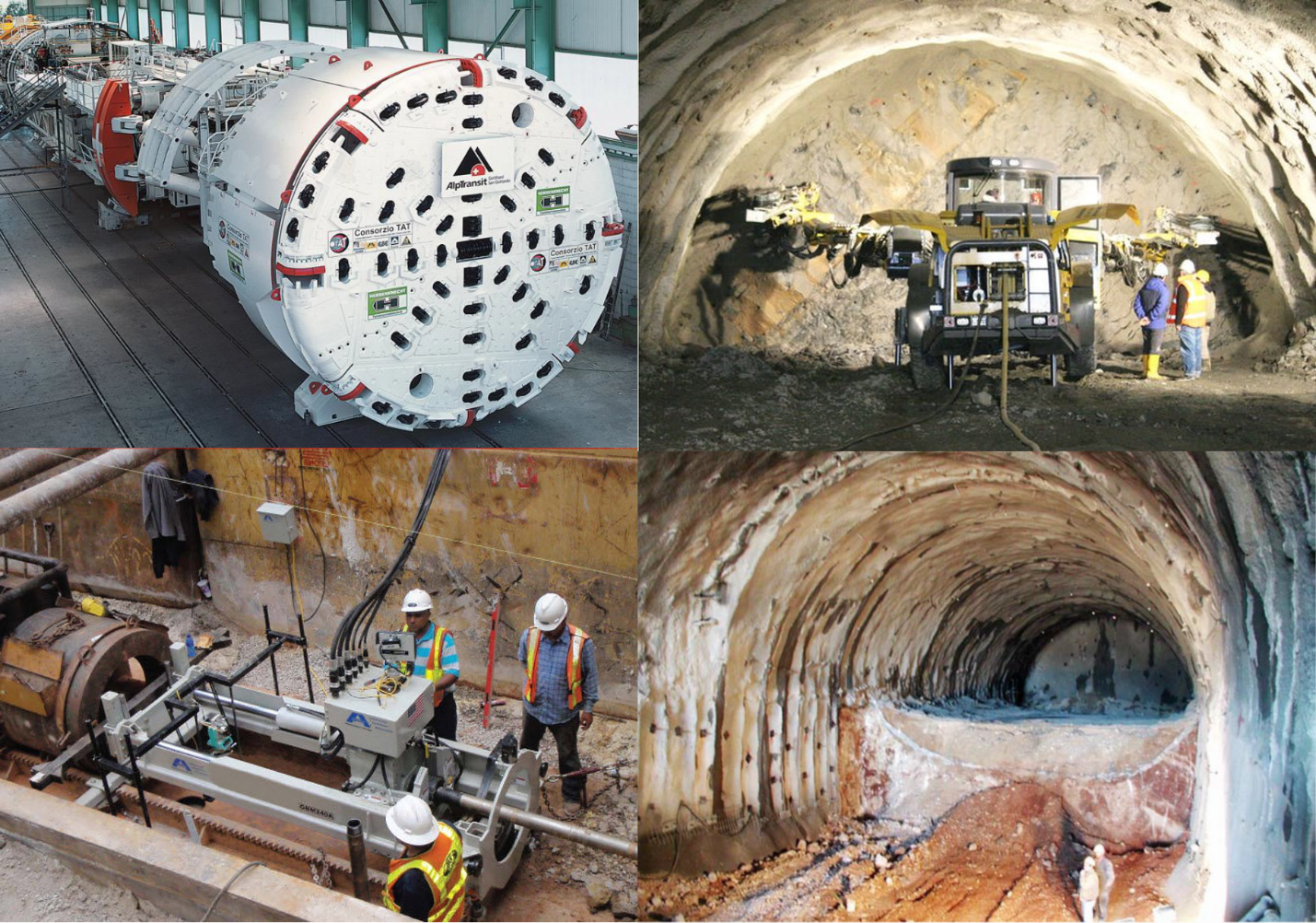 Tunneling methods (clockwise from top left): TBM, Drill and Blast, SEM and MTBM. Images obtained from Heitkampt-swiss.ch, Akkerman.com and Hoek et al., 2007.